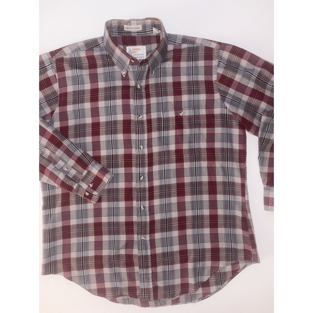 London Fog Mens Shirt Sz L Red Gray Plaid Long Sleeve Single Needle